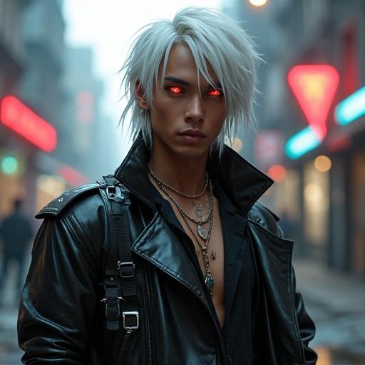 Futuristic popstar with platinum hair and heterochromatic glowing eyes. Skin with circuit tattoos. Black trench coat and combat boots. Close-up in cyberpunk city with neon signs. Intense expression and dramatic lighting.