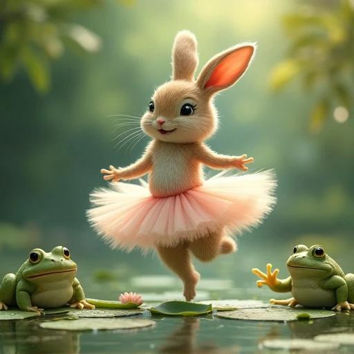 A rabbit dressed in a pink tutu performs ballet on lily pads. Two frogs sit nearby and clap their webbed hands cheerfully. Bright colors and a joyful atmosphere enhance the playful scene.