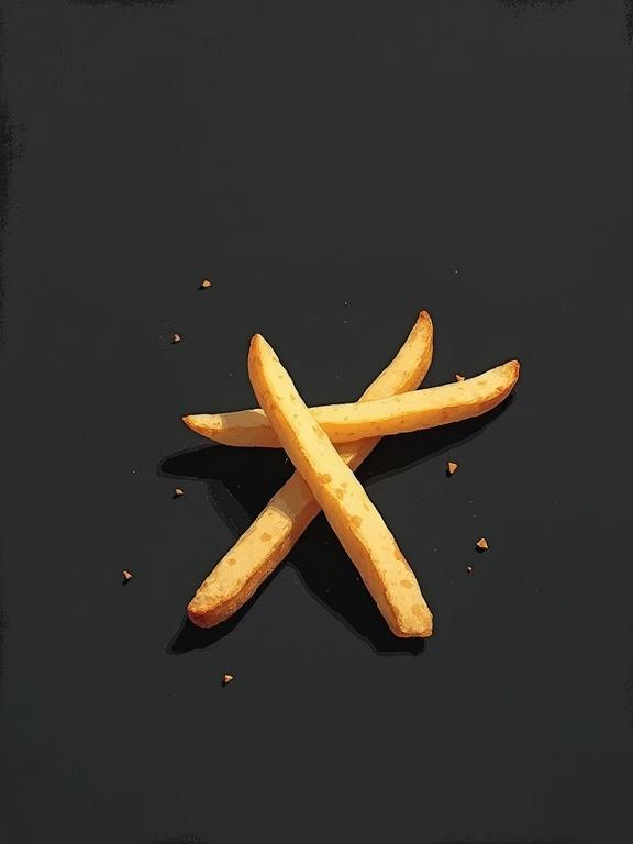 Two individual French fries placed in a cross on a black surface. A pair of worn Converse sneakers sits nearby. Neutral lighting is used. The image has a painterly and minimalist aesthetic. Vector art style with elements suggesting a dark, moody atmosphere.