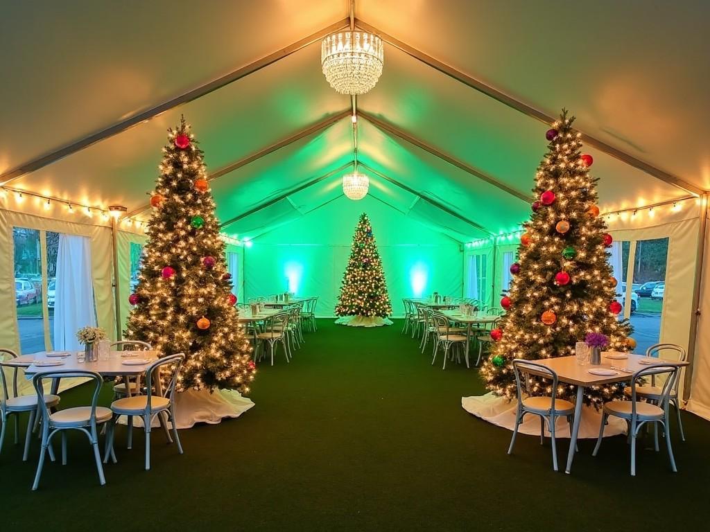 The image shows a beautifully decorated event tent for Christmas celebrations. Two large Christmas trees are displayed prominently at each end, adorned with colorful ornaments and sparkling lights. The tent has elegant, soft lighting with a green hue, enhancing the festive atmosphere. Round tables are set up throughout the tent, ready for guests to enjoy a holiday feast. This setting is perfect for a holiday party, wedding, or festive gathering, highlighting the joy of the season.