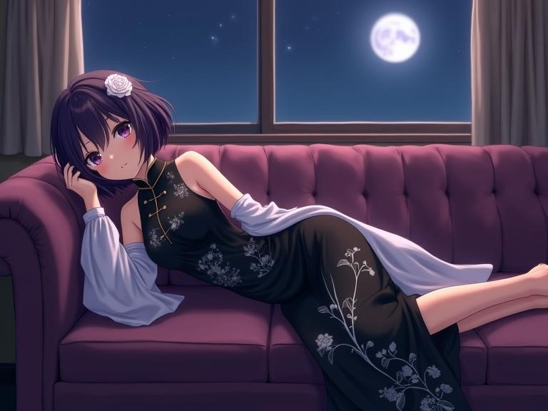 Anime lady lying on a purple sofa. She has dark purple hair styled in a bob. A white rose decorates her hair. She wears a black cheongsam dress with white floral designs. She rests her head on one bent arm. Soft lighting creates a warm atmosphere. The moon shines through a window. Her legs are slightly bent, showing her full body.