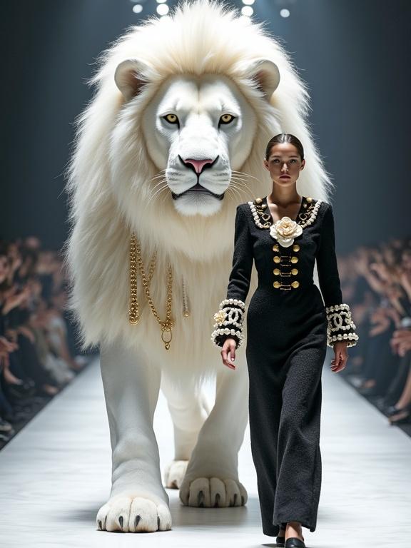 Hyper-realistic image of a female model and a colossal white lion in a fashion show. The model wears a structured Chanel black tweed dress. Lion features intricate Chanel patterns and golden chains. They walk on a polished marble runway. The scene exudes luxury and power.