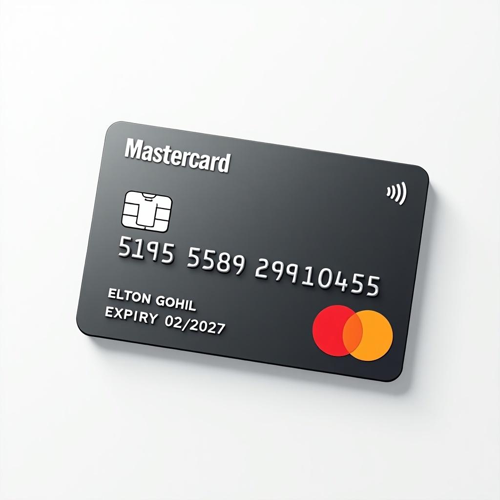 A realistic image of a Mastercard credit card. Details include the card number, cardholder name, and expiry date. The design is sleek and modern, focusing on the Mastercard logo and standard layout.