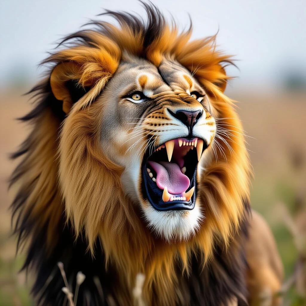 A lion roaring with an open mouth showcasing its teeth. The lion has a majestic mane with golden and dark tones. The background is blurred showing a natural habitat. Light is soft enhancing the lion's features.