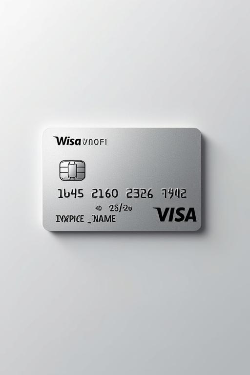 Realistic image features a credit card. Card shows Visa logo prominently. Card number appears clearly. Name well aligned under the logo. Expiry date shown. Background is clean and silver with bold black font.