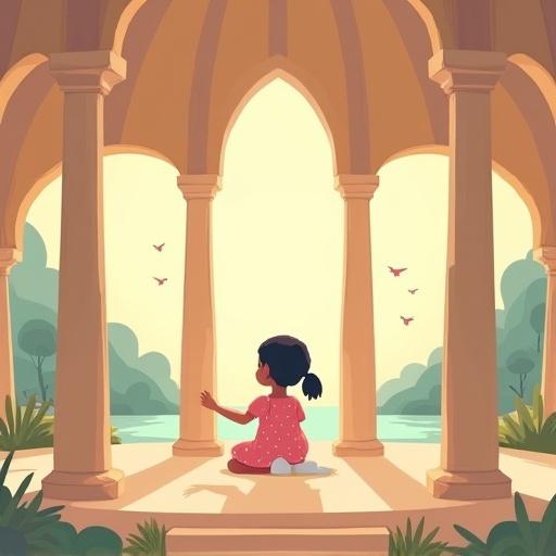 Flat-style illustration for a children's storybook. Empty and serene wooden dream-house with five pillars. Layla is a young girl wearing a polka-dot dress, sitting calmly and touching a pillar. Dreamy background with faint nature elements like birds and trees. Soft daylight lighting and gentle colors.