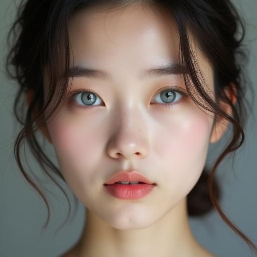 Portrait of a woman with gentle almond-shaped blue eyes soft eyebrows smooth warm-toned complexion delicate features and harmonious look