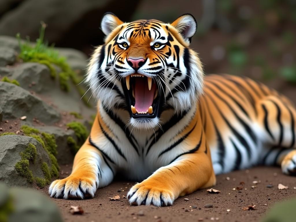 A majestic tiger roaring in its natural habitat, surrounded by rocks and greenery.