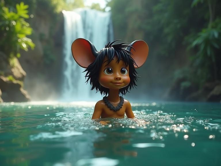 Character inspired by Mowgli from Jungle Book depicted as a robot with smaller ears swimming in water under a waterfall