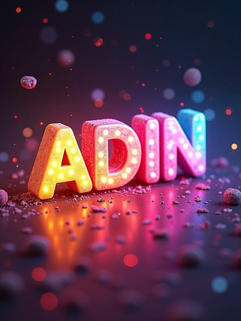 A vibrant photo of Gushers candy featuring the name 'ADIN' in large glowing letters. Letters have a rainbow glowing effect with a shiny surface. Surrounding the letters are colorful candy pieces and sparkles creating a festive atmosphere.