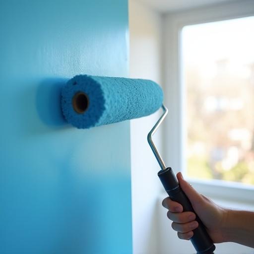 A professional painter rolling bright blue paint onto a white living room wall. The scene is well lit with natural daylight. The focus is on the paint texture and brush strokes in a modern interior setting.