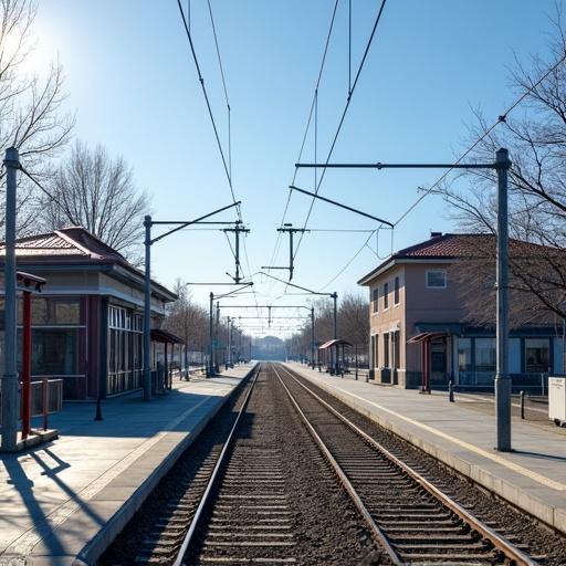 Photorealistic depiction of Ratzeburg train station on a clear sunny day. View from level crossing towards platforms. Empty tracks with no trains. Strong sunlight casts shadows. Station architecture seen in the background. Typical elements of a regional German station featured.