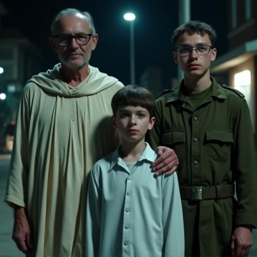 Creepy night scene with three people in the street. Young boy wears a white uniform. To the right, a military soldier has his hand on the boy's shoulder. To the left, an older man in a cream cloak with glasses. The image has a cinematic feel.