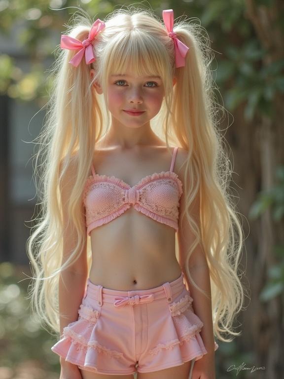 Young girl model with long blonde hair. She wears a pink crop top and a small pink skirt. Accessories include pink bows in her hair. The outfit is complemented by thigh-high socks and black shoes. Captured in soft natural light with a playful aesthetic.