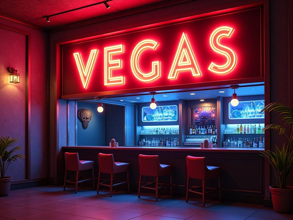 The image depicts a stylish bar setting with a prominent neon sign that reads 'VEGAS'. The bar area is designed with modern elements and illuminated shelves of liquor. A few empty red bar stools are lined up against the counter, creating an inviting atmosphere. The vibrant colors contrast with the darker elements of the room. The neon lights create a lively and energetic vibe typical of Las Vegas nightlife.