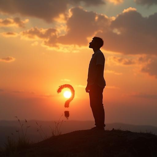 A person stands on a hill looking up at a sunset. A question mark is positioned in the sky. The scenery is serene and contemplative.