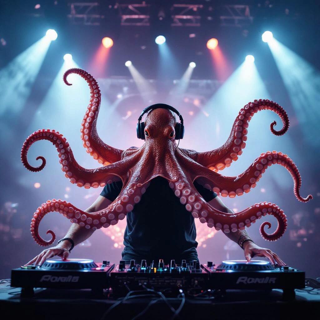 A DJ performing on stage with octopus arms. The setting features dynamic lighting and a lively atmosphere. Focus on the DJ's unique appearance.