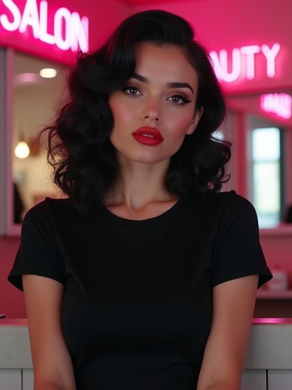 Photorealistic Gen Z model with jet-black pin-up curls. Winged eyeliner and red lipstick emphasize facial features. Wearing a plain black fitted t-shirt. Model is fully visible from the front. Leaning against a retro beauty salon decorated with pink neon signs. Shot from above the knees with direct front light.