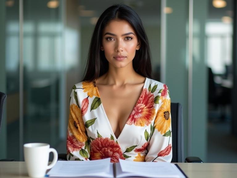 Photo of a 30-year-old Mexican woman in a corporate boardroom. Fair skin. Dark hair and large hazel eyes. Wearing a white floral midi dress with bright prints. Calm and neutral expression. Straight and relaxed posture. Gaze straight ahead. In front of her are documents and a cup of coffee. Background includes glass walls and office furniture. Seated at a conference table.