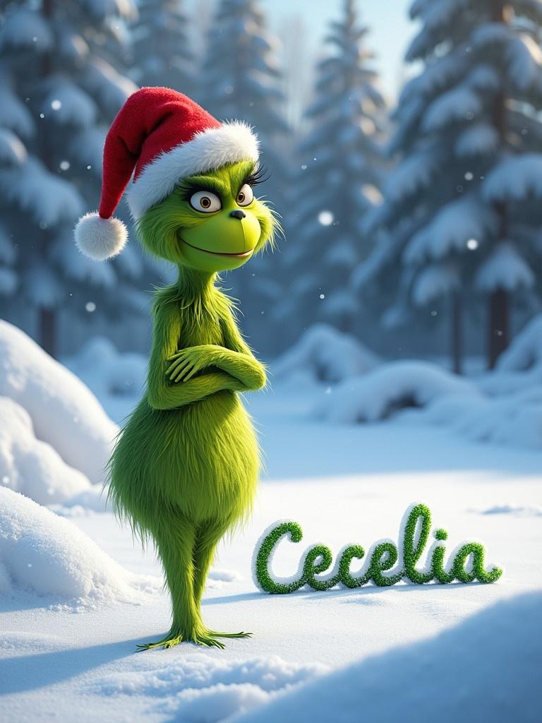 Grinch character in a Christmas setting. The Grinch wears a Santa hat and poses with arms crossed. Name Cecelia appears in the snow beside him. Background displays winter scenery with snow-covered trees.