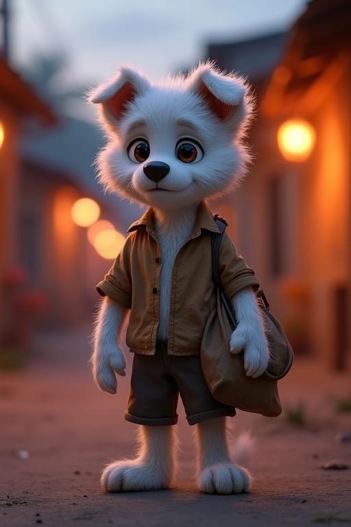 3D close-up of an anthropomorphic puppy named Tuku. He stands alone in a village street at dusk. He wears a tattered brown shirt and shorts. His white fur looks patchy and slightly dirty. His face shows determination. He holds a worn-out sack. The background features blurred village lights in warm orange and purple tones. Dramatic lighting enhances emotional depth.