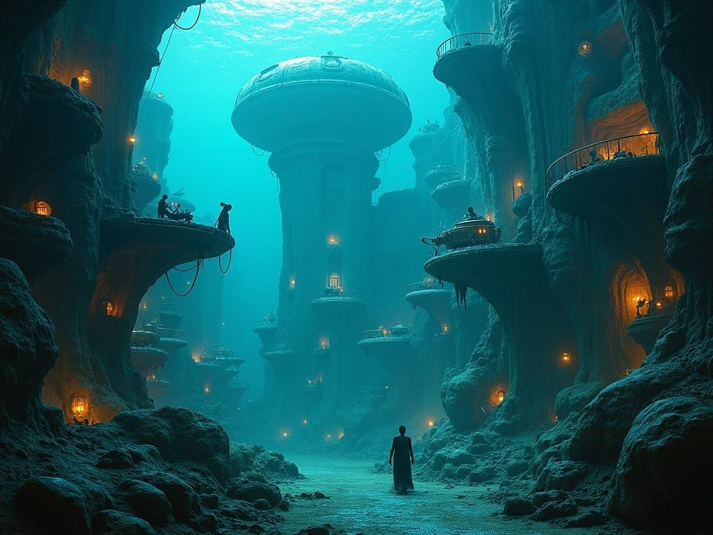 This image depicts an enchanting underwater city filled with mysterious creatures. The environment showcases strange technology accented by glowing neon lights. Towering structures loom in a fantastical landscape, their intricate designs highlighting the underwater ambiance. Shadows dance across the surfaces, creating an ethereal feel throughout the scene. This visual marvel invites viewers to imagine the stories and adventures hidden in the depths of this city.