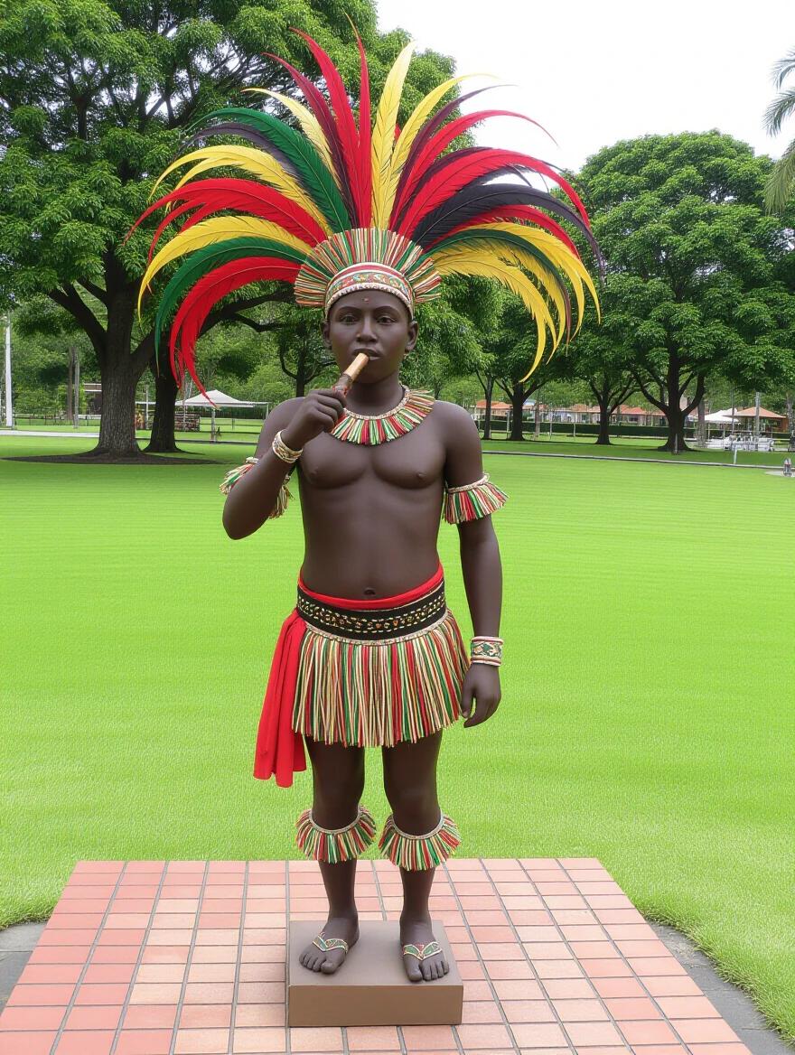 A statue representing Saci Pererê, a mythical figure from Brazilian folklore, with a colorful feathered headdress and traditional attire. The statue stands in a green park, highlighting the rich cultural heritage of Brazil.