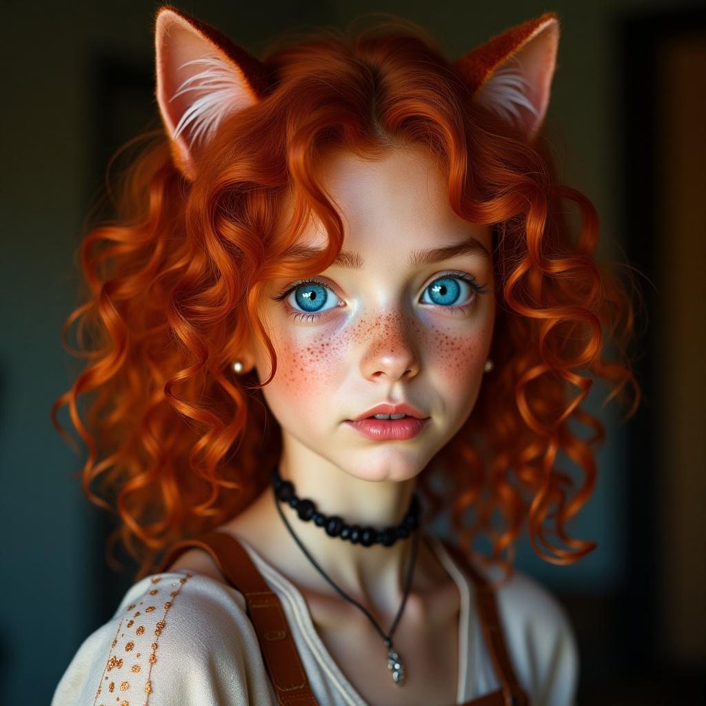 The image showcases a character with bright blue eyes and vivid red curly hair. The hair is lush and full of texture, adding to the whimsical appearance. Cat ears sit playfully atop their head, enhancing the fantasy theme. Freckles are sprinkled across the character's face, giving a youthful and playful vibe. The character wears a choker necklace, adding a touch of style to the overall look. The backdrop is softly blurred, keeping the focus on the subject's striking features. The lighting is warm and inviting, complementing the bright colors of the hair and eyes. This image is perfect for storytelling or fantasy-themed projects.