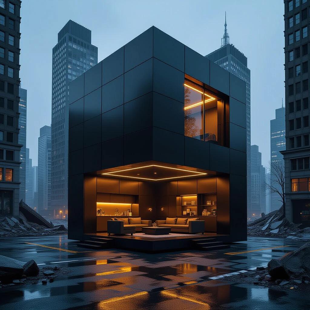 Large cube-shaped survival house in a post-apocalyptic city. Exterior is matte black titanium metal. No visible windows only hidden biometric door. Designed to withstand nuclear blasts and extreme disasters. Surrounded by crumbling skyscrapers and cracked roads. Interior is ultra-luxurious with golden ambient lighting and polished black marble floors. Premium leather furniture with chrome and glass accents.