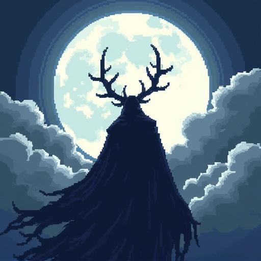 Pixel art depicting a menacing moon lord against a large full moon. The figure has antlers and wears a flowing cloak. Surrounding clouds add to the mystical atmosphere.