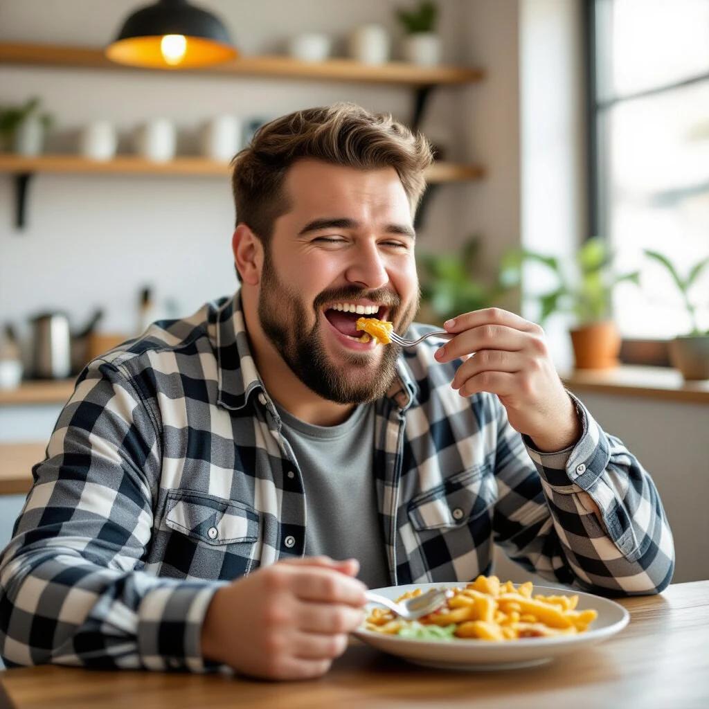 A person enjoys a plate of food at a dining table. The table is set with simple utensils and has a cozy ambiance. Natural light brightens the room filled with plants and wooden decor. The person wears a checkered shirt and a casual t-shirt.
