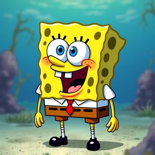 SpongeBob SquarePants standing happily underwater. Character features yellow sponge body and big expressive eyes. Bright colors and cheerful expression.