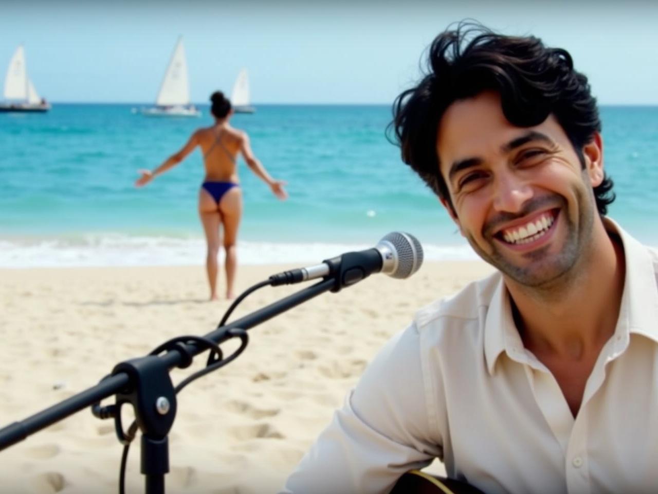 The image features a man with black hair and a friendly expression, sitting near a microphone. He seems engaged in playing or performing music. In the background, there is a serene beach scene with a blue ocean, sailboats, and a person in a swimsuit standing with their arms outstretched. The setting conveys a relaxed and cheerful atmosphere, suggesting a sunny day by the sea. The scene might evoke feelings of leisure and enjoyment, fitting for a performance in a beachside location.