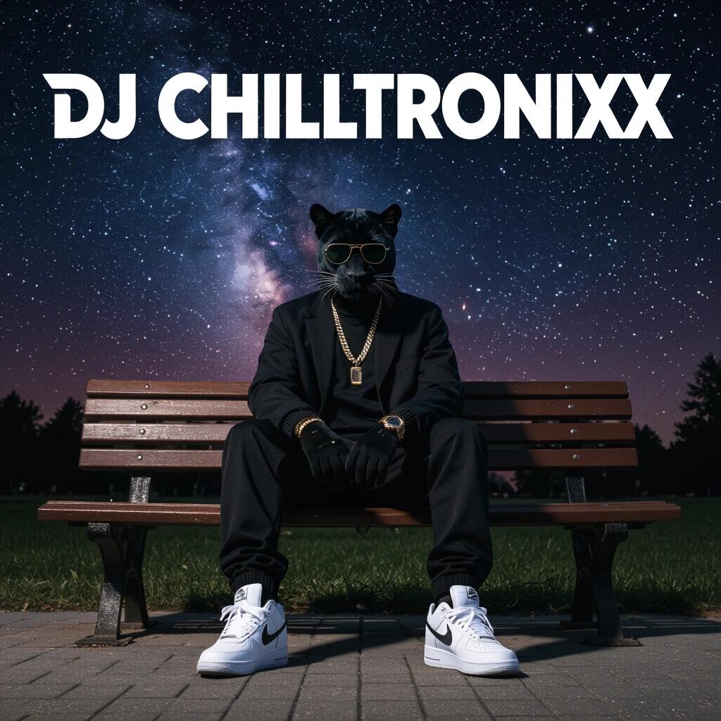 Night scene featuring a panther person on a park bench. The subject wears stylish outfits and Nike Air shoes. The background showcases a dark nebula sky filled with stars. The title DJ Chilltronixx is prominently displayed at the top.
