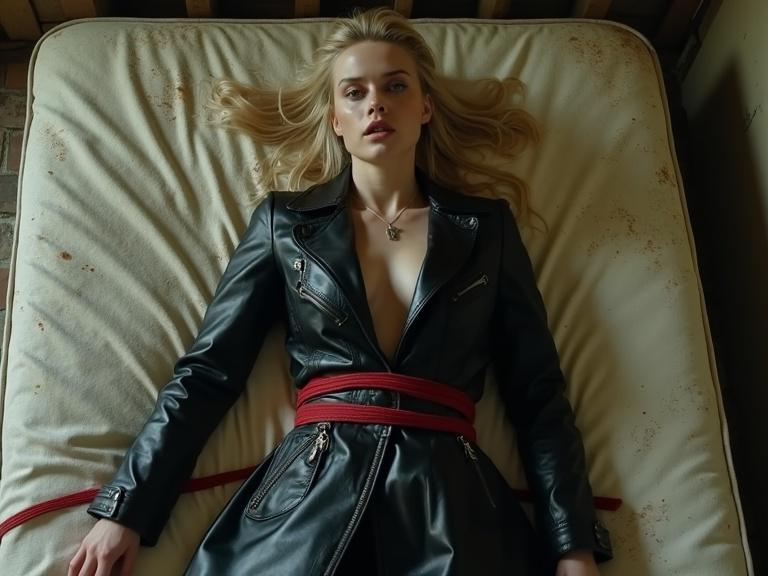 Blonde woman in black leather biker coat lying on old mattress in abandoned building. Hands tied with red cord. Scared expression and gaze away from camera. Dirty water drops falling on coat. Realistic style illustrating crisis and vulnerability with dark color tones.