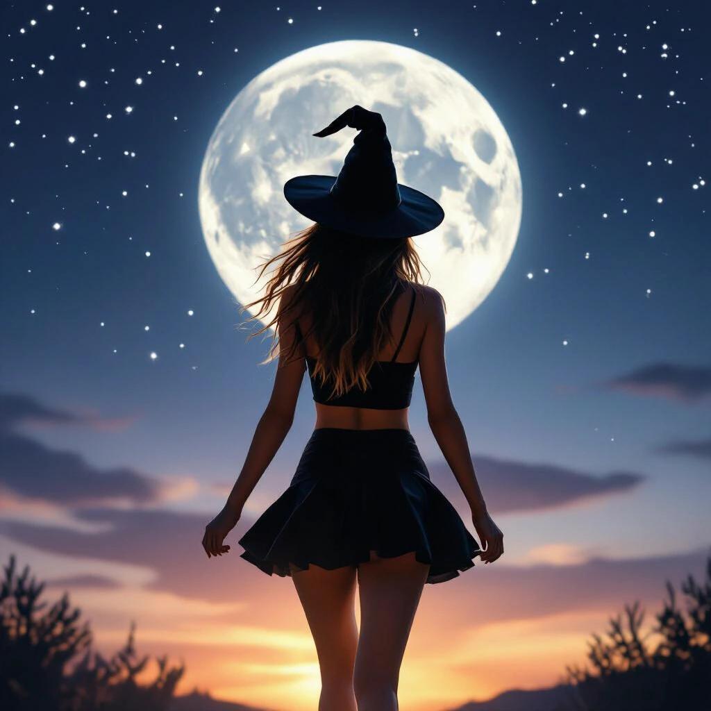 Young woman wearing a witch hat and a crop top with a miniskirt standing against a full moon in the night sky. Moonlight illuminates the scene with stars visible in the sky.
