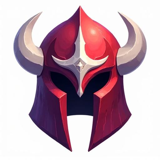 Icon of a mythical helmet in red white and purple for a card game. Size of 48 x 48 pixels with a transparent background. Styled like World of Warcraft.