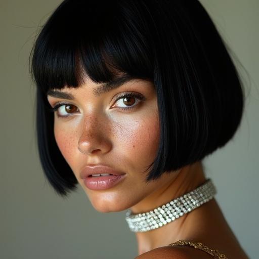 Portrait showcasing a woman with sleek black bob haircut. She wears a sparkling diamond choker and stud earrings. Skin has visible pores and natural texture with freckles. Subtle makeup enhances glossy lips. Cinematic lighting highlights features. Shot on Kodak Portra 400 film. Soft natural tones create a fine grain aesthetic. Neutral background emphasizes subject.