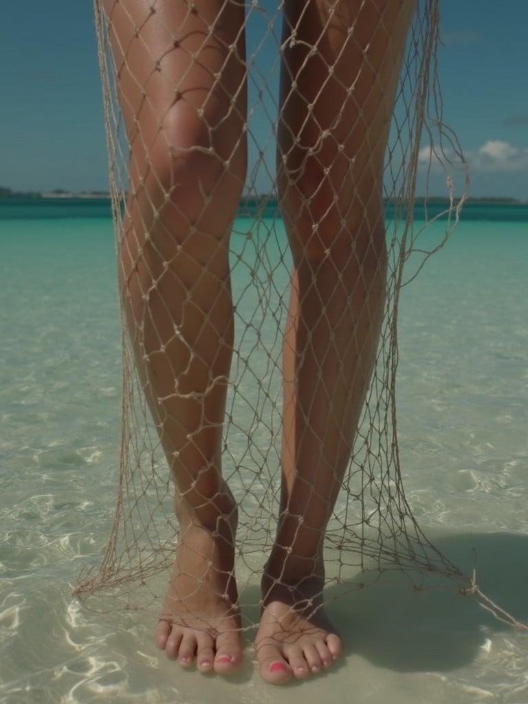 Image of female legs in fishnet on sandy beach. The legs are slightly bent and the fishnet drapes around them. Turquoise water visible in the background. Soft sand beneath the feet. Sunlight creates an inviting atmosphere.