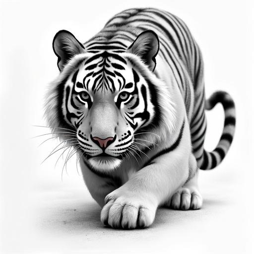 Realistic black and white illustration of a white tiger walking towards the viewer with focused gaze and prominent stripes