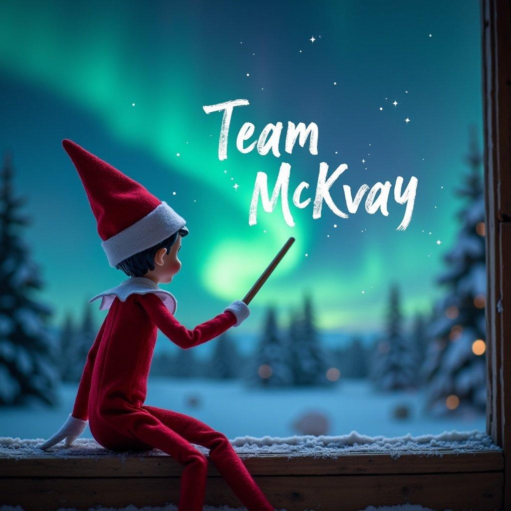 Elf on the shelf with back to the viewer writing Team McKvay in the sky with a wand. Background is a magical Christmas scene with northern lights and Santa.