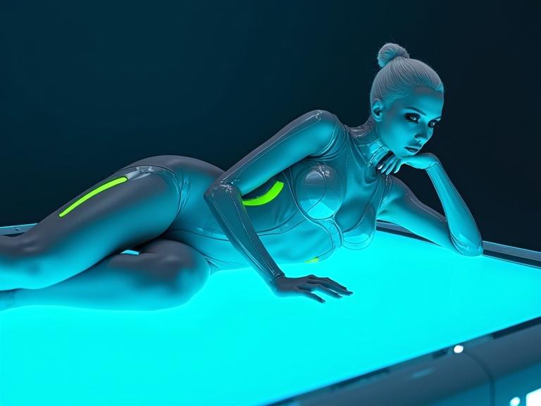 Futuristic woman reclining on glowing metallic surface. Slender athletic build. Form-fitting transparent bodysuit with blue and green neon accents. Sleek high bun hairstyle. Sharp facial features with dark makeup. High-tech platform background. Cool color palette of blue and white with dramatic lighting.
