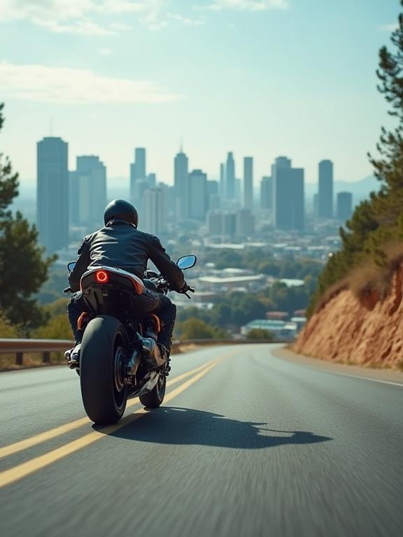 Motorcycle rides along a winding road. The city skyline appears in the background. A sunny day with clear blue skies. The rider wears a black leather jacket and helmet. The road is smooth and the city is bustling.