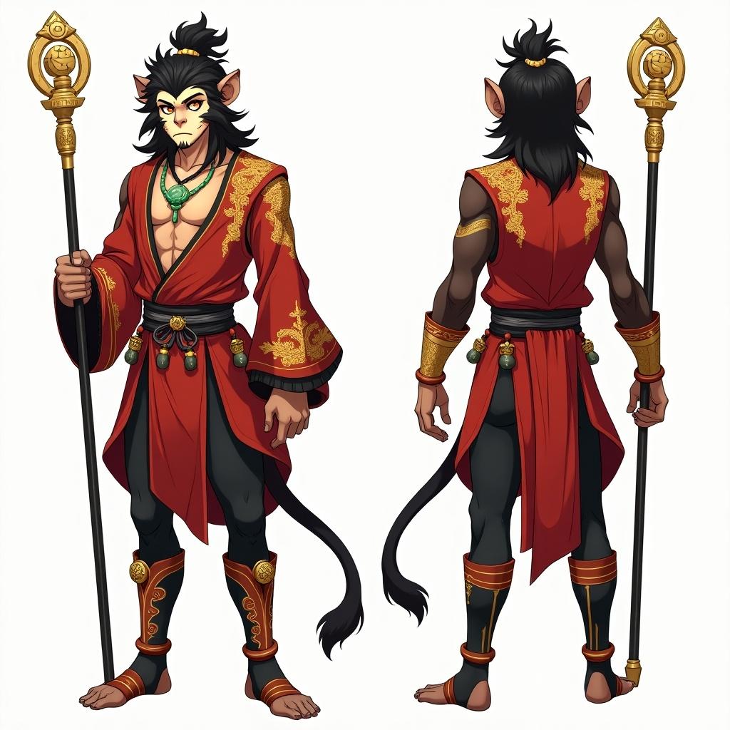 Character sheet of humanoid mystic monkey in anime style. Character has golden brown skin, jet-black and gold hair, sharp amber eyes. Wears crimson silk tunic with golden dragon embroidery, black belt with charms, leather boots with golden trim. Necklace with jade monkey pendant. Carries slender staff with glowing runes. Displayed in front, side, and back views.