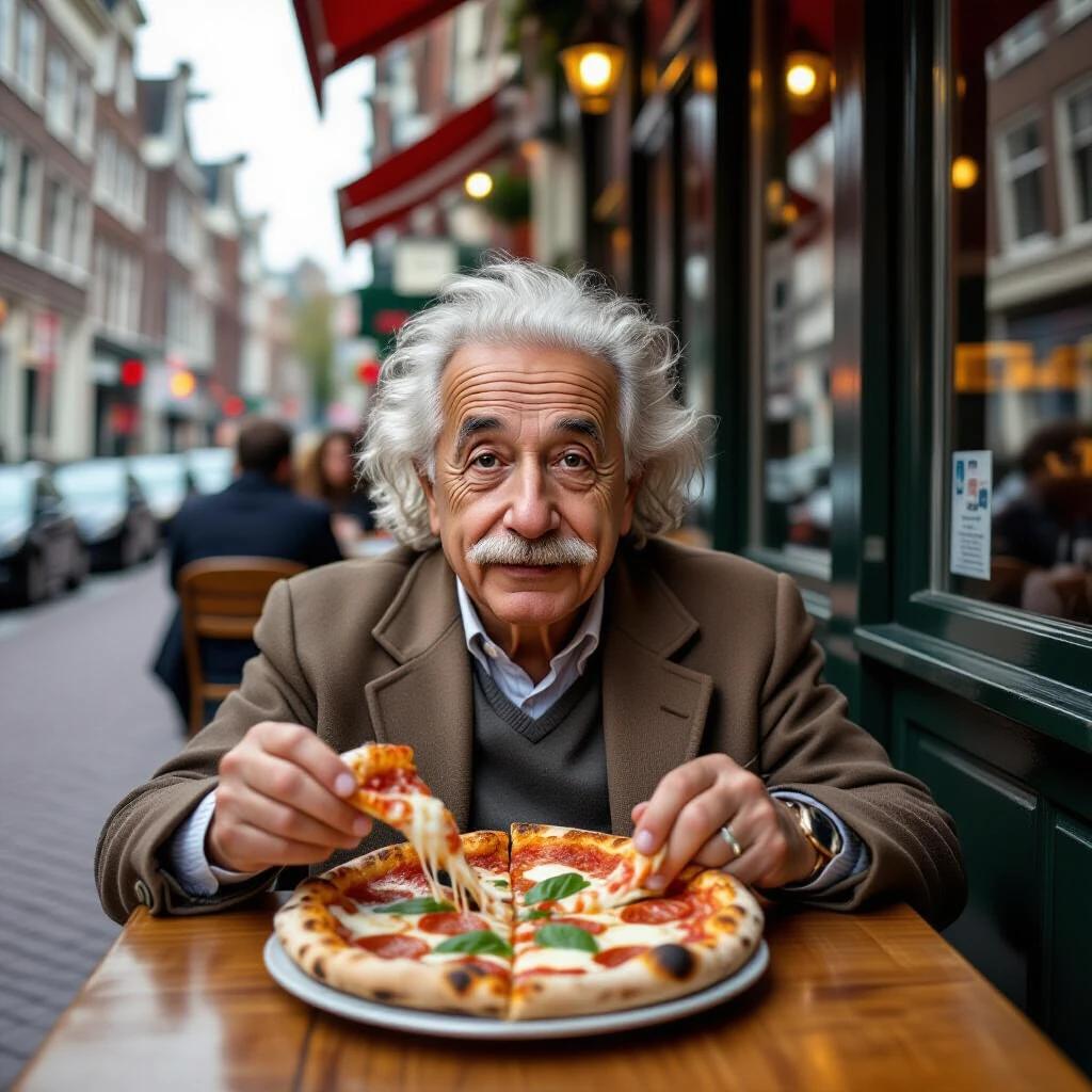 A scene in Amsterdam features a man enjoying a pizza on the street. He holds a slice with melty cheese. The restaurant environment suggests a cozy atmosphere. The surrounding architecture reflects classic European design.