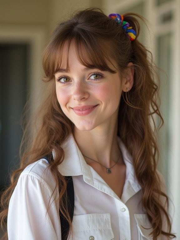 Young woman with wavy chestnut hair and colorful scrunchie. Wearing high school uniform with white blouse and pleated skirt. She smiles, showing attractive features. Soft and natural lighting, youthful and vibrant feel. Low resolution image with over-saturated colors