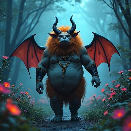 Hyper-realistic photograph of a chubby ginger-haired hairy male creature with bat wings and horns. It strides confidently through a vibrant forest filled with bioluminescent plants. The air is misty and fragrant with exotic flowers. The color palette includes deep blues, purples, and greens illuminated by otherworldly light.