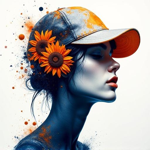 Cyber-styled figure with deep navy and pearl white layers. Features sunflowers in cap. Vivid colors with striking orange splashes. Melting, fragmented effects. Techwear mixed with alcohol ink aesthetic.