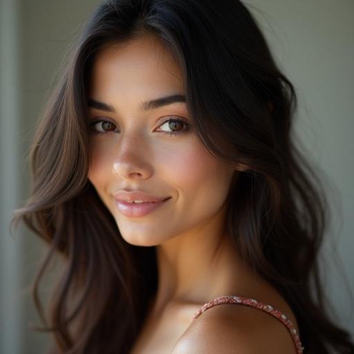 Portrait of a beautiful girl with a mixed heritage. Features a warm expression and natural makeup. Soft lighting enhances facial features and skin tone.