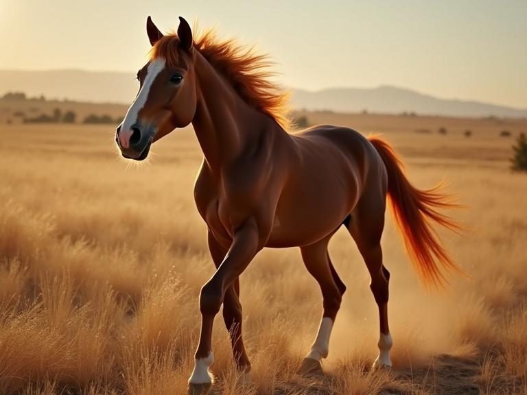 Chestnut horse standing majestically in a sunlit field. Background features soft hills and golden grass. Horse has flowing mane and tail. Scene conveys strength and beauty.